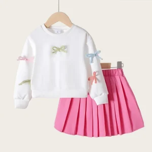 Children’s Girls Clothing Sets Autumn Kids Casual Solid Pattern Long Sleeve Sweatshirt With Cute Bow Worested and Skirt Suit