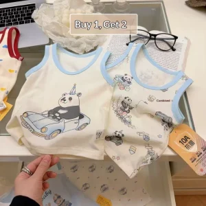 Children’s Girls Summer Set Cotton Two Piece Korean Style Top Boys Girls Spring Summer Home Wear Cartoon Sleeveless