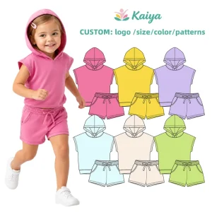 Children’s Hooded Sleeveless Elastic Waist Solid Color Yellow Blue Sports Casual Top Shorts Boys Clothing Sets