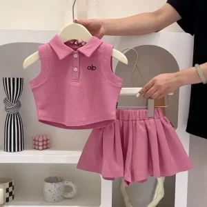 Children’s Kids Baby Girls Summer Cotton Polo T-shirt Shorts +Skirt Cute Style Solid Color 2Pcs Set