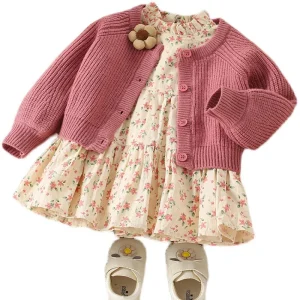 Children’s Knitted Casual Cardigan Kid Warm Sweater Floral Dress Baby Girls Clothing Sets