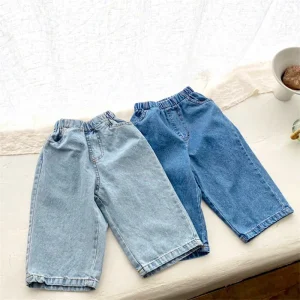 Children’s Korean Style Cotton Denim Long Pants Boys Girls Simple Fashionable Mid-Rise Elastic Waist Soft Jeans