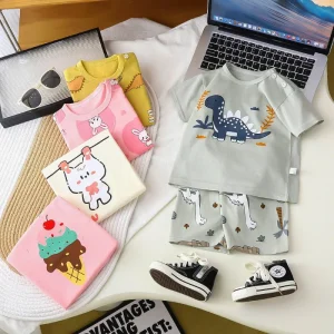 Children’s Korean Style Softened Pure Cotton Short Sleeve T Shirt & Shorts Set for Boys and Girls Summer Wear