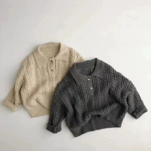 Children’s Lapel Pullover Long Sleeve Knitted Jacket Solid Color