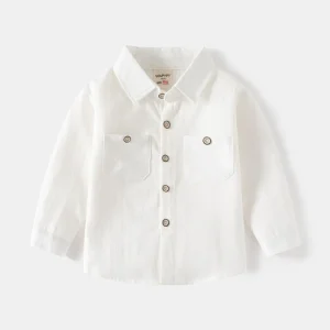 Children’s Long Sleeve Shirt New Boys’ Double Pocket Shirt Long Sleeve Square Collar Shirt
