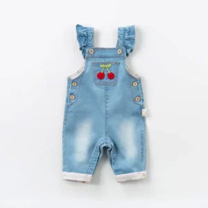 Children’s Lovely Cartoon Embroidered Ruffle Girls Denim Overalls Jumpsuit
