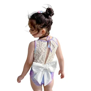 Children’s Mermaid Bowknot Lace Princess One-Piece Swimsuit for Girls Baby & Big Kids Cute Chiffon Swimwear