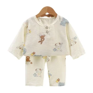Children’s Mid Sleeve Casual Pajamas Summer Home Clothes Set Cloud Cotton Thin Air Conditioned Boys Girls Cartoon