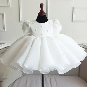 Children’s New Flower Princess Dress for Girls Crew Neck Puff Sleeves White Polyester Linen Blend