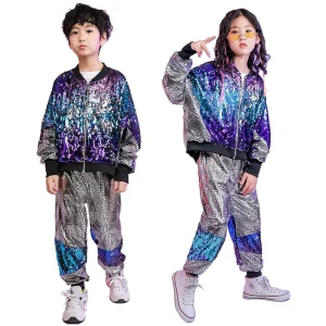 Children’s New Year’s Day Hip-Hop Dance Set Boys and Girls Silver Sequin Jazz Costume for Performance Wear