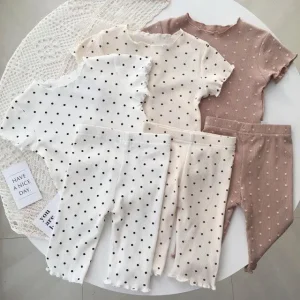 Children’s Pajamas Girls Set Polka Dot Ribbed Baby Toddler Sleepwear Summer Kids Boutique Loungewear Korean Clothes