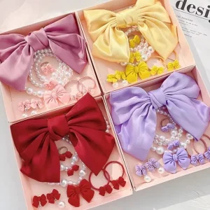 Children’s Pearl Necklace Set with Large Bow and Ponytail Hair Clips Girl’s Headwear Student Gift