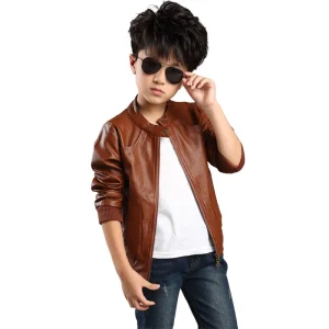 Children’s Pu Kid Toddler Outwear Solid Color Zipper Real Leather Spring Autumn Boys Fashion Jackets