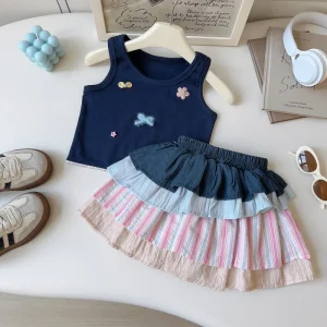 Children’s Set Girls Fashionable Stylish Energetic Vest Multi-layer Color Blocked Cake Skirt Two-piece Set