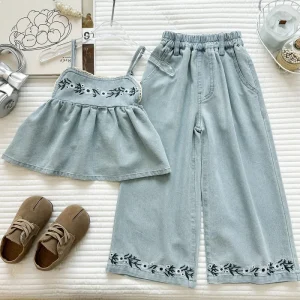 Children’s Set New Summer Korean Version Girl Cute and Fashionable Denim Camisole Top+wide Leg Pants Two piece Set