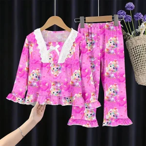 Children’s Sleepwear Girls’ Spring and Autumn Square Collar Long Sleeved Home Clothing Set