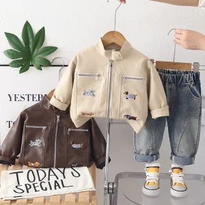 Children’s Spring Fall Cotton Woven Cartoon Print Casual Jacket Cardigan Set for Boys and Girls