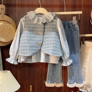 Children’s Suit Autumn Kids Vest Shirt Jeans 3 piece Set Fashion Girls Clothing Sets