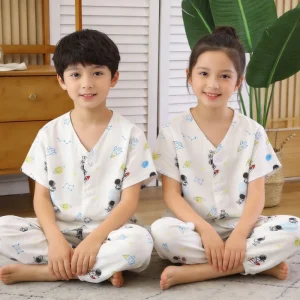 Children’s Summer Sleepwear Class a Short sleeved Set for Boys and Girls V neck Lightweight Home Wear Pajamas