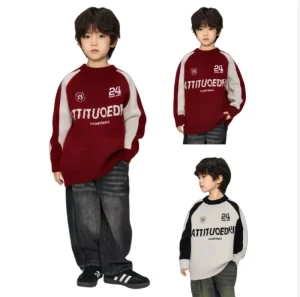 Children’s Trendy Letter Wool Nylon Anti Wrinkle Breathable Thick 7GG Gauge Pullover Sweater Boys Standard Warm