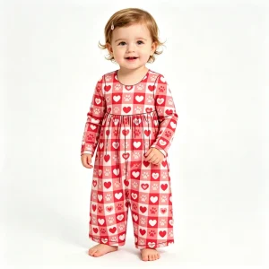 Children’s Valentine’s Day Heart Patterned Long Sleeve Spandex Polyester Printed Jumpsuit for Girls