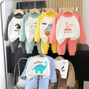 Children’s Velvet Suit Autumn Softened Animal Cartoon Pattern Unisex Trousers Underwear Home Clothing for Boys and Girls