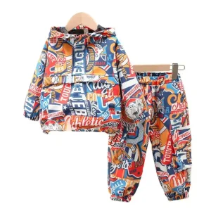 Children’s Wear Boys Cartoon Print Hooded Jacket Jogging Sport Boy 2 Piece Sets