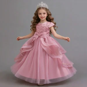 Children’s Wedding Dress Girl’s Short sleeved Lace Performance Birthday Princess Cake Short Dress
