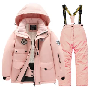 Children’s Winter Ski Suit Boy Girl Waterproof Plush Thick Cotton Jacket and Trousers Snowboard Gear