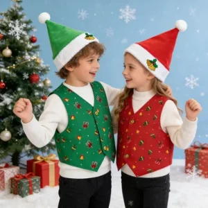 Christmas Costume Set Santa Dress up Pretend Red Green Xmas Waistcoat for Holiday Party School Performance Family Gathering