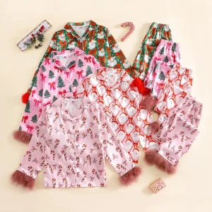 Christmas Girls Feather Trim Pajamas Long Sleeve Lounge Wear Sleepwear Santa Christmas Kids Girls Silk Satin Feather Pajamas Set