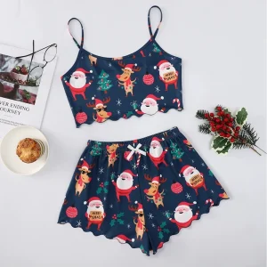 Christmas Women Girl Suspender Shorts Pajama Set Xmas Pattern Printed Sleepwear Two Piece Set Pyjamas for Women Summer
