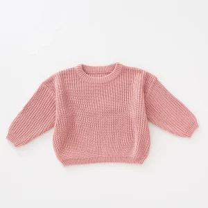 Chunky Pink Cotton Kids Baby Pullover Sweater Oversized Casual Style Plaid Pattern Plus Size Girls Boys Keep Warm