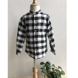 Classic Black White Plaid Casual Long Sleeves Boy Shirts Customized Design Linen Cotton Kids Summer Clothes Sample