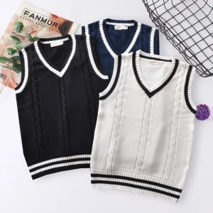 Classic School Uniform Knitted Sweater Vest Warm V Neck Inner Wear for Fall Winter Boys Girls