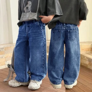 Classic Tween Boys Blue Denim Pants Relaxed Wide Leg Baggy Jeans Knit Cotton Blend Trousers for Kids Age 8-12 Years Custom