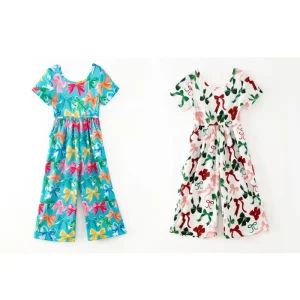 Colorful Cute Style Girls’ Short Sleeved Jumpsuit with Bow Print Customizable Design
