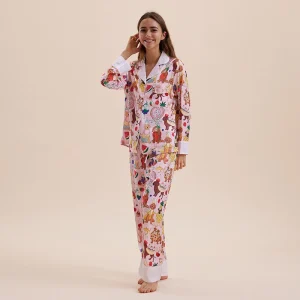 Colorful Pattern Girl Sleepwear Set Cute Animal Fruit 2 Piece Pajamas Set Women Leisure Set