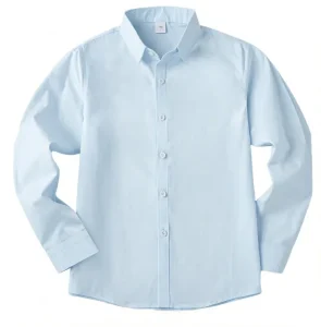 Comfort Fit School Uniform Shirt for Boys Girls Wrinkle Resistant Light Blue Dress Shirt with Sturdy Collar Embroidered Shirt