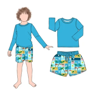 Comfortable Boy 2pcs Swim Sets Long Sleeved Swimsuit Solid Color Top With Print Shorts Children Swimwear in Summer