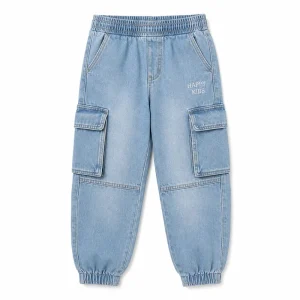 Comfortable Boys Denim Cargo Joggers Polyester Cotton Elastic Waist Soft Jeans Multi Pockets Kids Embroidered Pants