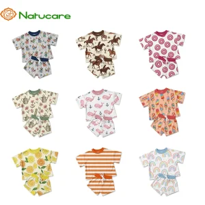 Comfortable Summer Kids Boy and Girl Soft 100% Cotton Clothing Set Fashion Short Sleeve Cartoon Print Casual 2pcs Sets