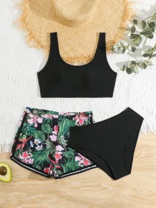 Conservative Teen Girls Swimsuit High Waist Bikini 3 Pieces Swimwear with Shorts Print Bathing Swimming Swim Suit 13 16Y