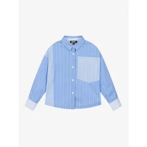Cool Girl Long sleeved Spring Summer Casual Soft Shell Cotton Breathable Loose Fit Blouse Striped Patched Blue Shirt for Daily