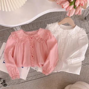 Cotton Baby Girls Long Sleeved Blouses and Shirts with Lace and Doll Collar Casual Blouse for Spring Fall Bottoming for Children