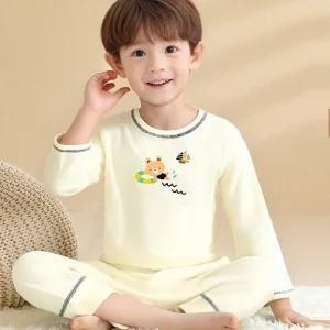 Cotton Bear Print Children Pajamas Set Soft Long Sleeve Kids Sleepwear with Cartoon Pattern for Boys