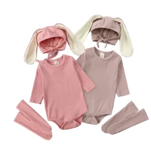 Cotton Fabric Boys Girls 3 Pcs Clothing Set Toddler Long Sleeve Jumpsuit with Rabbit Ears Hat and Socks