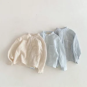 Cotton Linen Shirt Boys Henley Neck Pocket Casual Long Sleeve Stripe Boys Tops T shirts Children’s Vintage Streetwear for 2-8T