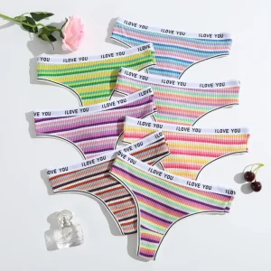 Cotton Ribbed Women’s Colorful Ribbed Thong Low Rise Breathable Double Layer Crotch Teenage Girls’ Underwear