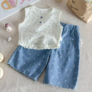 Cotton Set 2 Pieces Kids Summer Girls Floral Tank Top and Cropped Denim Pants 2 Piece Kids Summer Sets for Girls